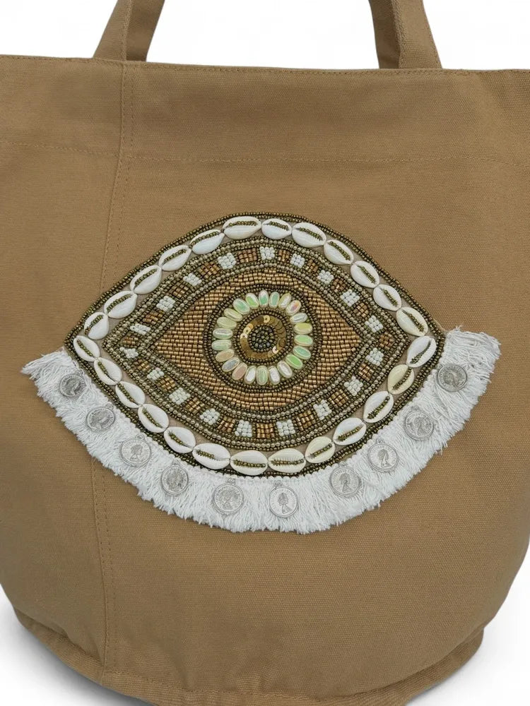 Grand sac en coton et perles I SEA YOU Taupe