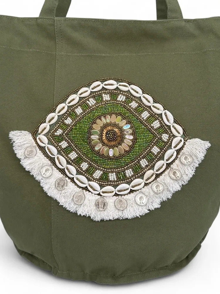 Grand sac en coton et perles I SEA YOU Kaki