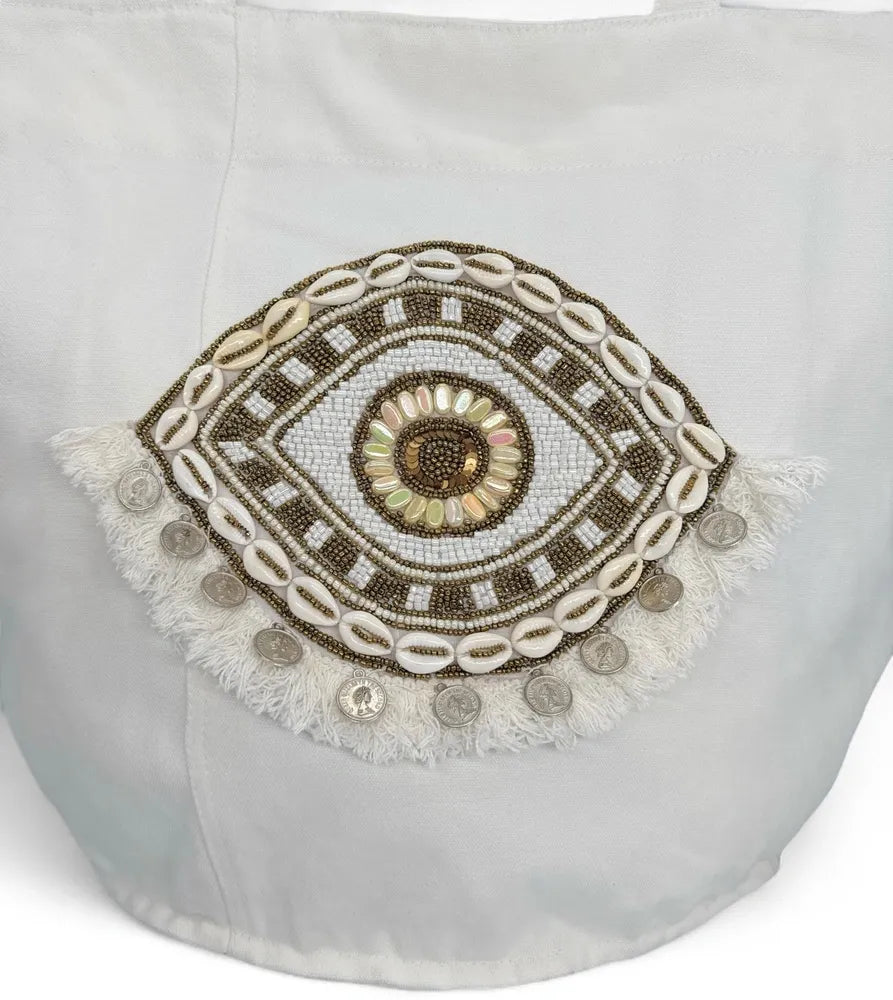 Grand sac en coton et perles I SEA YOU Blanc