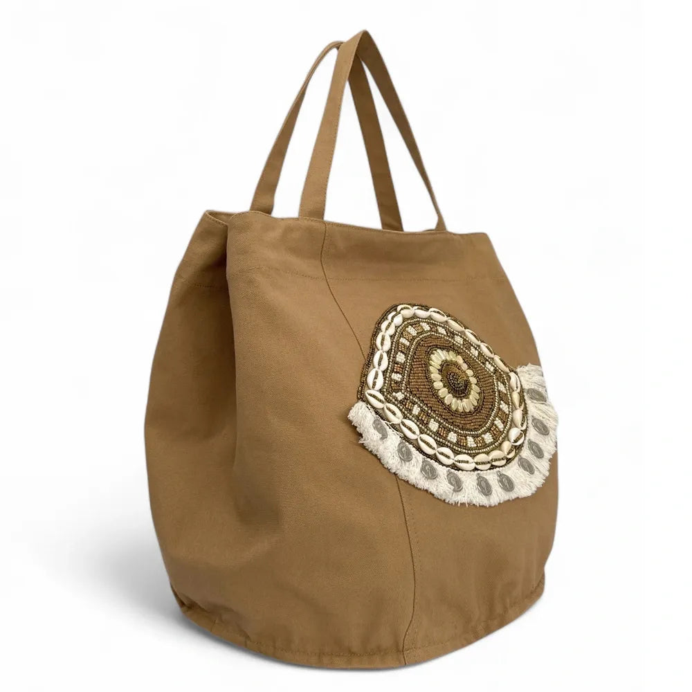 Grand sac en coton et perles I SEA YOU Taupe