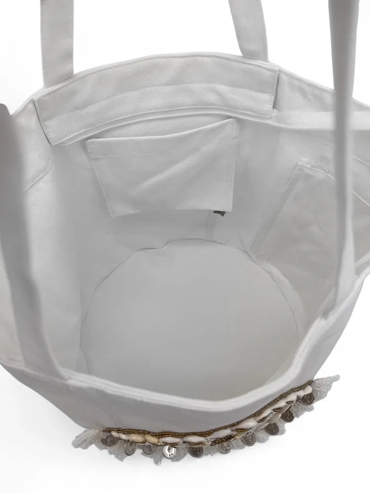 Grand sac en coton et perles I SEA YOU Blanc