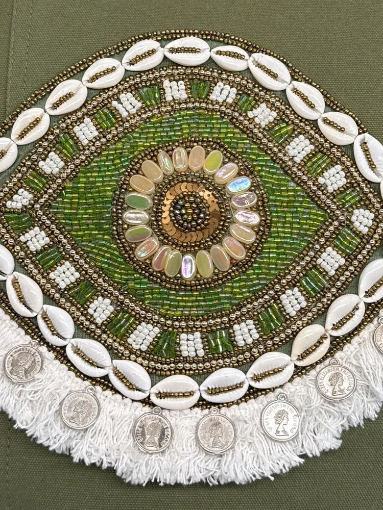 Grand sac en coton et perles I SEA YOU Kaki