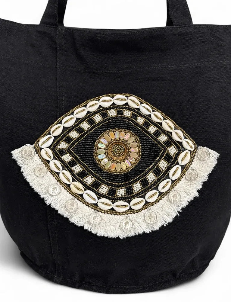 Grand sac en coton et perles I SEA YOU Noir