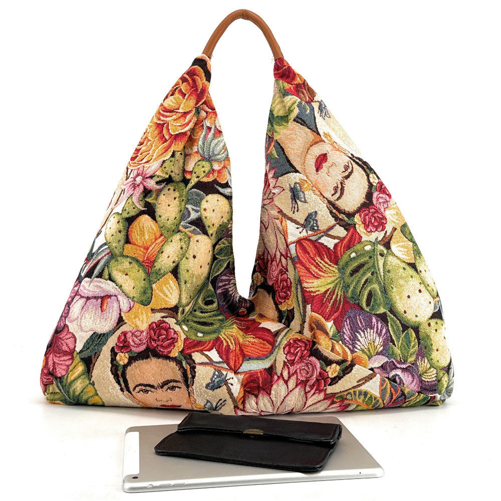Grand sac hobo en coton tissé et cuir CARMEN multicolore 1