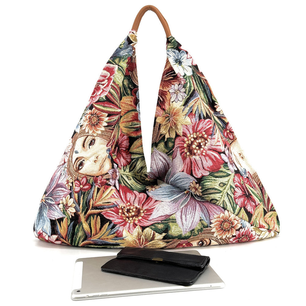 Grand sac hobo en coton tissé et cuir CARMEN multicolore 2