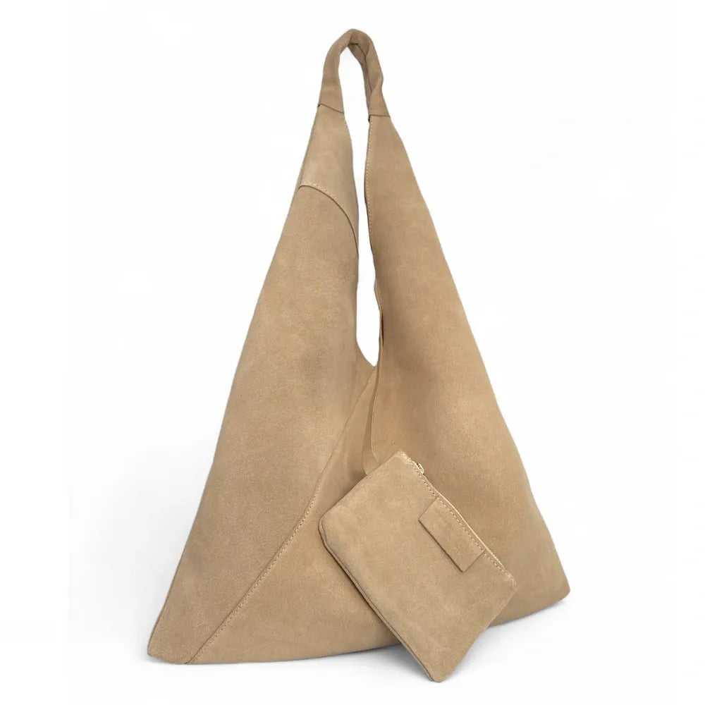 Grand sac hobo en croûte de cuir EOLIA Taupe clair