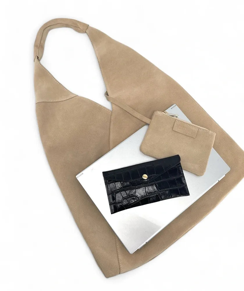 Grand sac hobo en croûte de cuir EOLIA Taupe clair