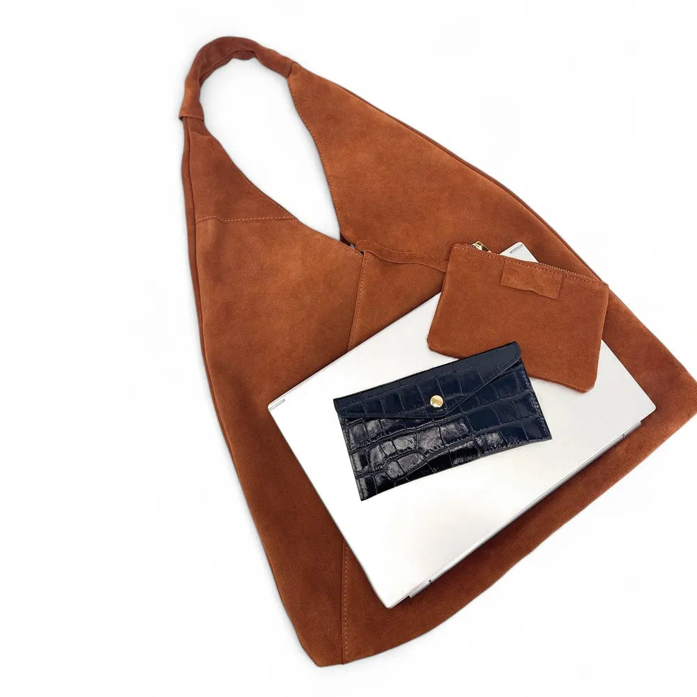 Grand sac hobo en croûte de cuir EOLIA Camel foncé