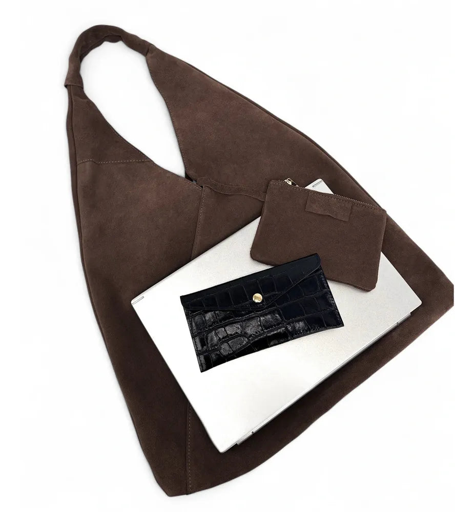 Grand sac hobo en croûte de cuir EOLIA Chocolat