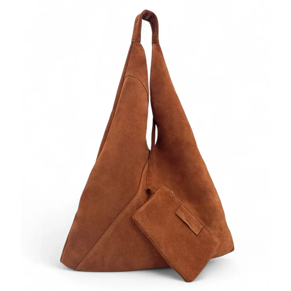 Grand sac hobo en croûte de cuir EOLIA Camel foncé