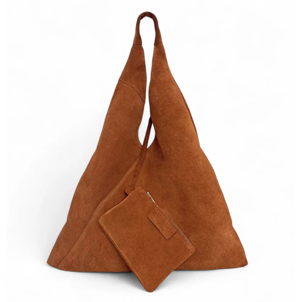 Grand sac hobo en croûte de cuir EOLIA Camel foncé