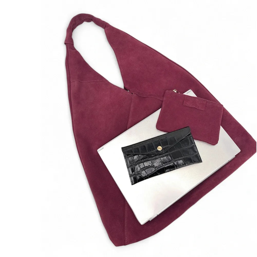 Grand sac hobo en croûte de cuir EOLIA Rouge bordeaux