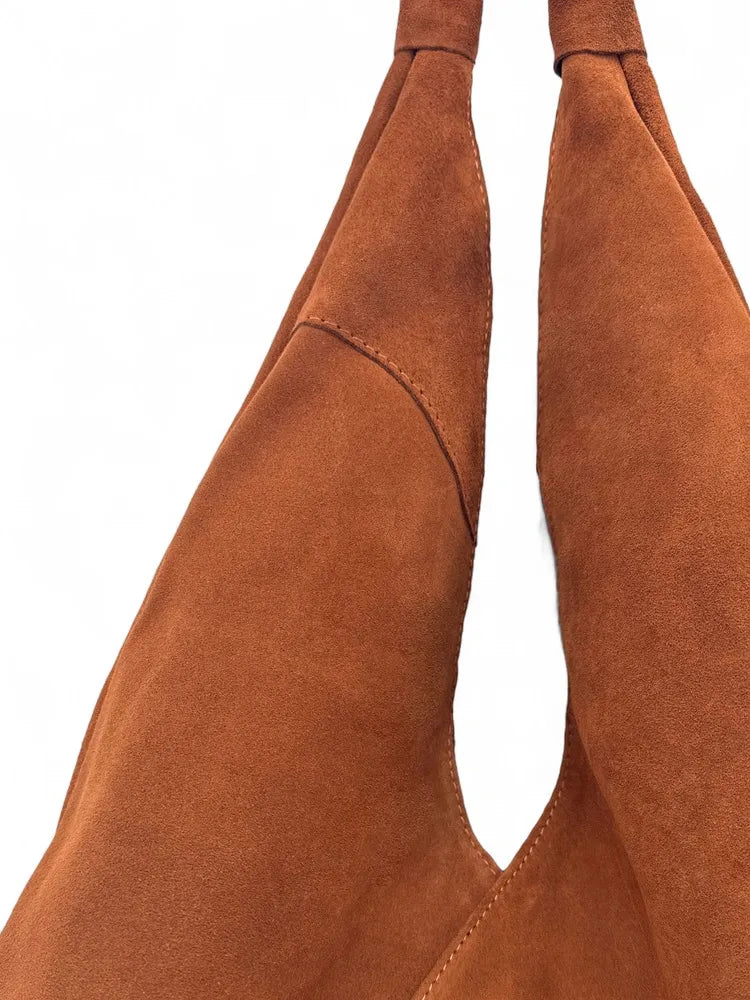Grand sac hobo en croûte de cuir EOLIA Camel foncé