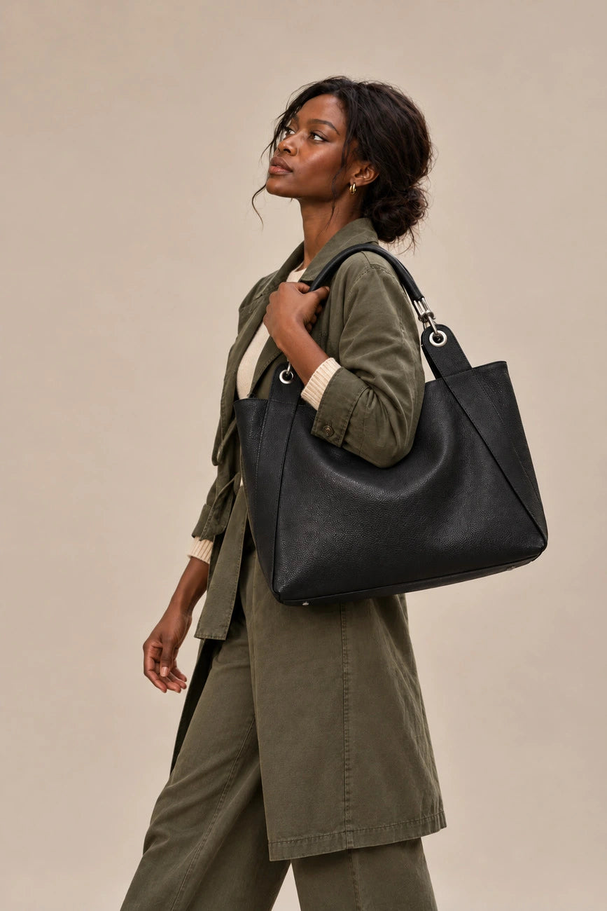 Große Handtasche aus genarbtem Leder PARIS Schwarz