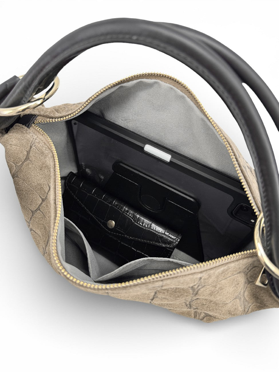 Tasche aus Wildleder mit geprägter Kroko-Optik MAXINE Cremebeige