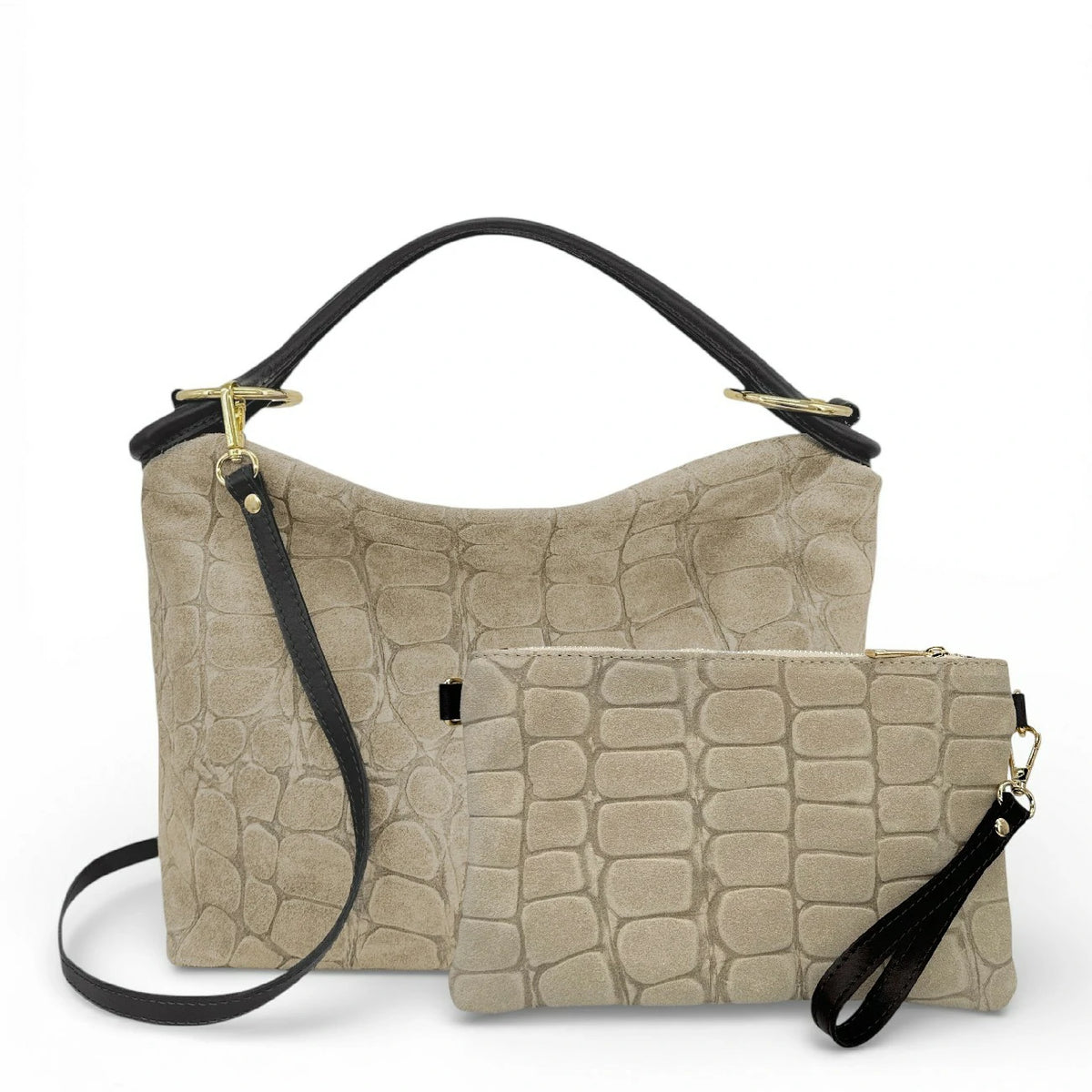 Tasche aus Wildleder mit geprägter Kroko-Optik MAXINE Cremebeige