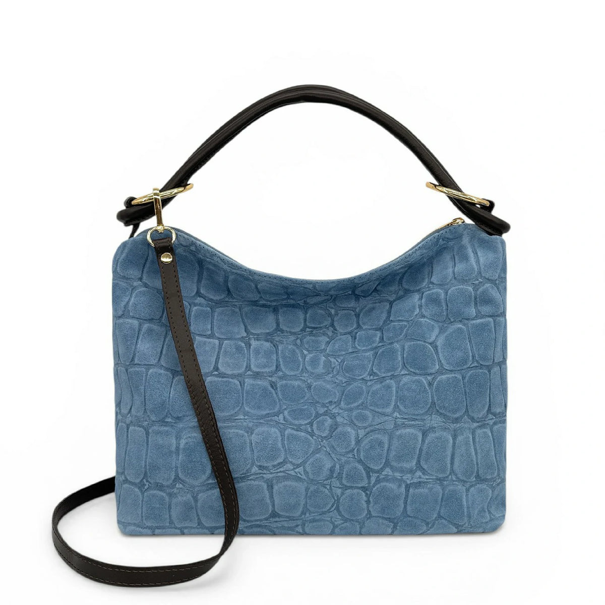 Tasche aus Wildleder mit geprägter Kroko-Optik MAXINE Denimblau