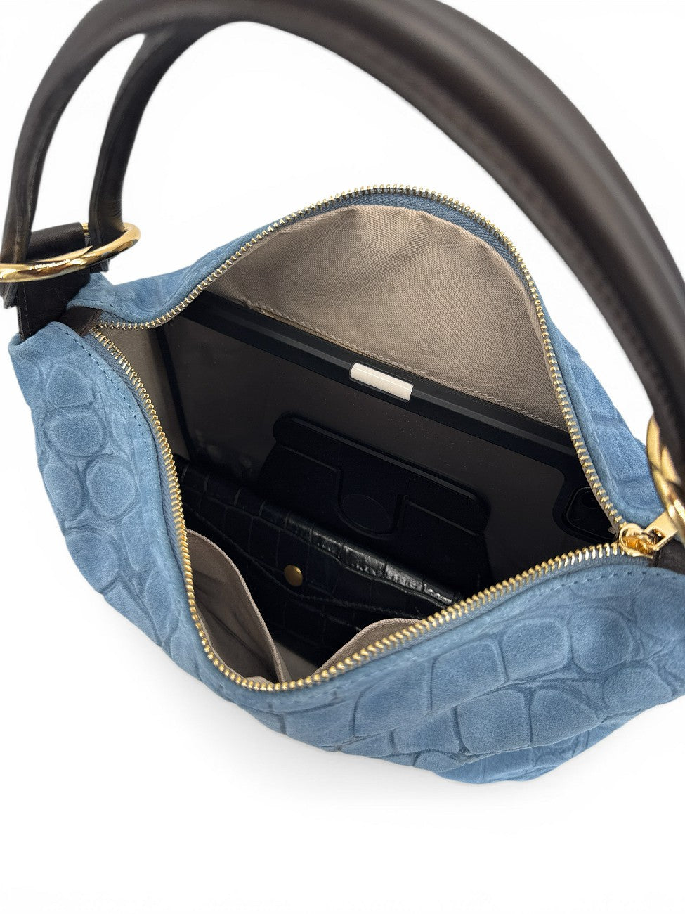 Tasche aus Wildleder mit geprägter Kroko-Optik MAXINE Denimblau
