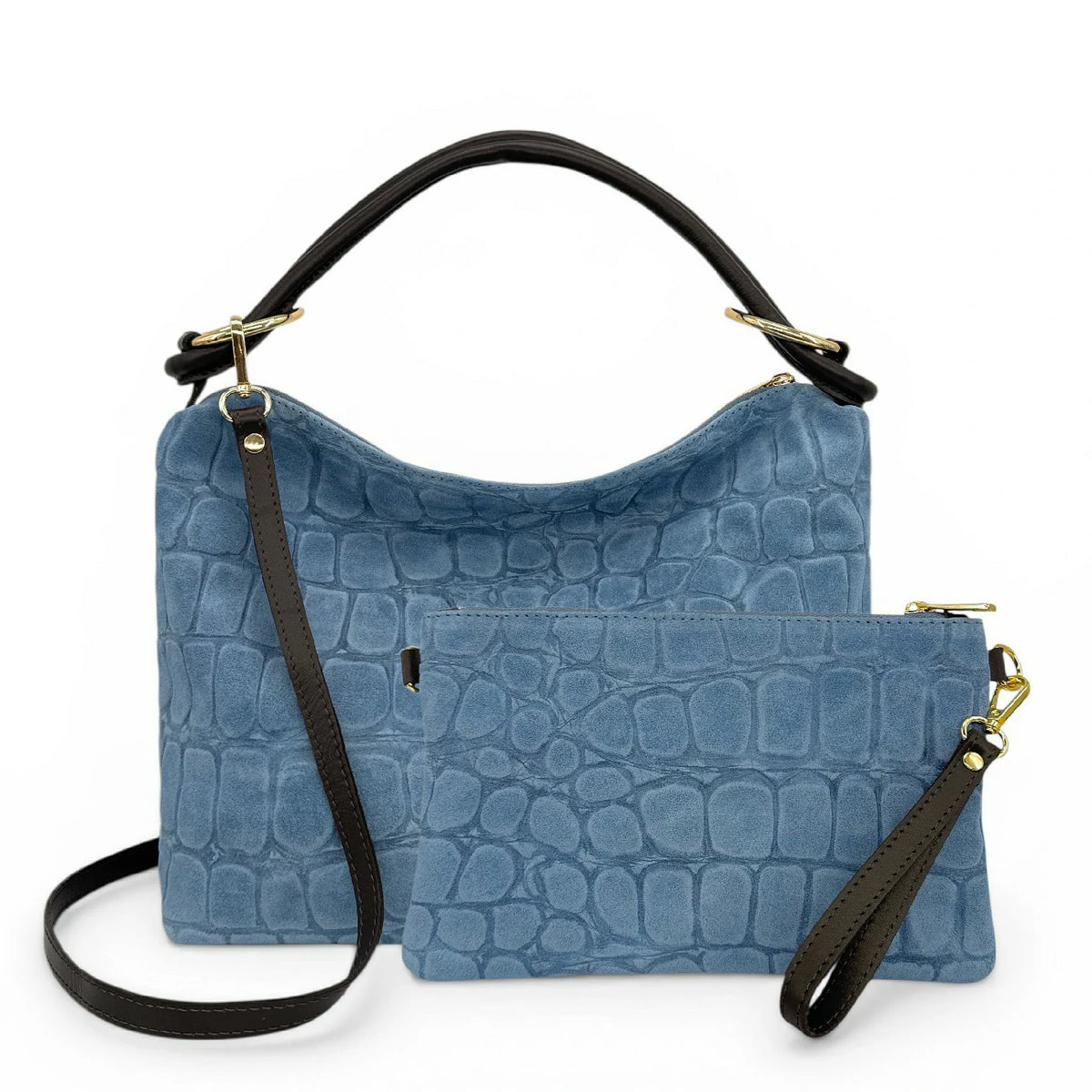 Tasche aus Wildleder mit geprägter Kroko-Optik MAXINE Denimblau