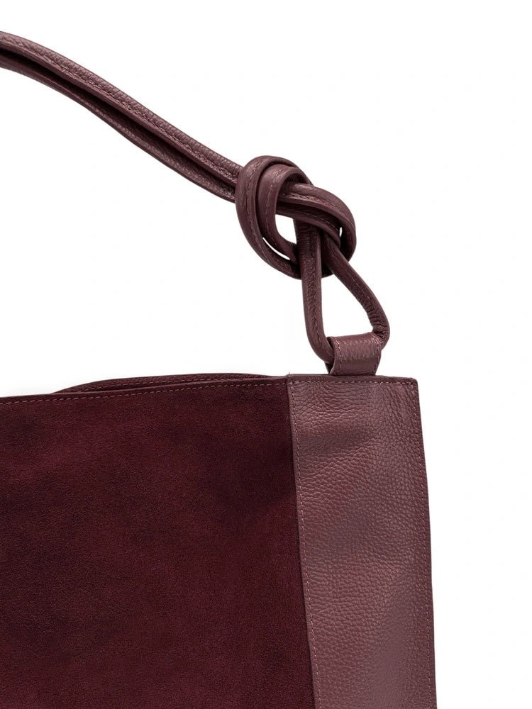 KNOT large suede and grained leather shoulder bag, Burgundy