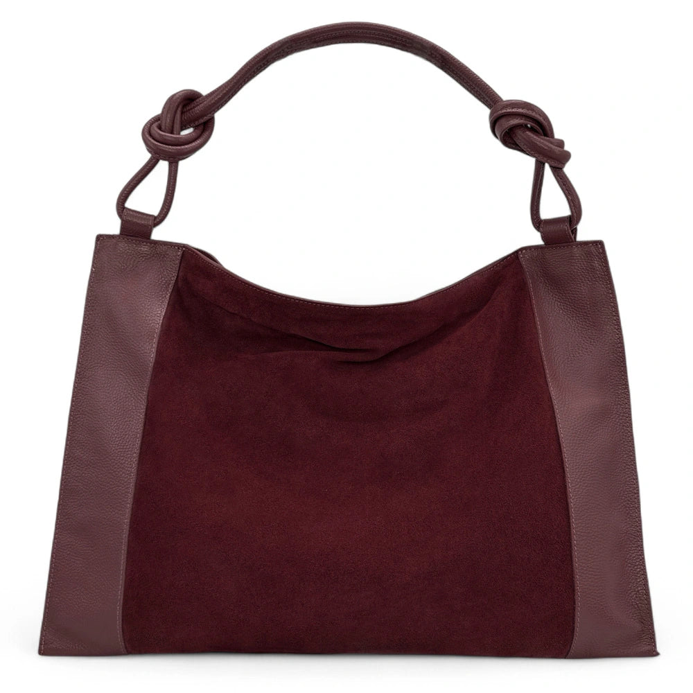 Grand sac porté épaule en croûte de cuir et cuir grainé KNOT Bordeaux