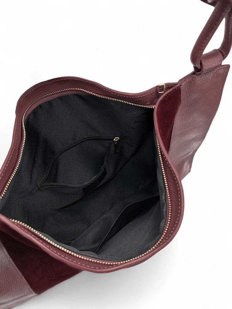 KNOT large suede and grained leather shoulder bag, Burgundy
