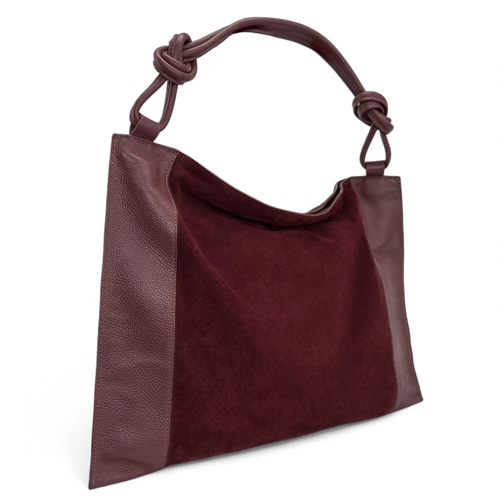 Grand sac porté épaule en croûte de cuir et cuir grainé KNOT Bordeaux