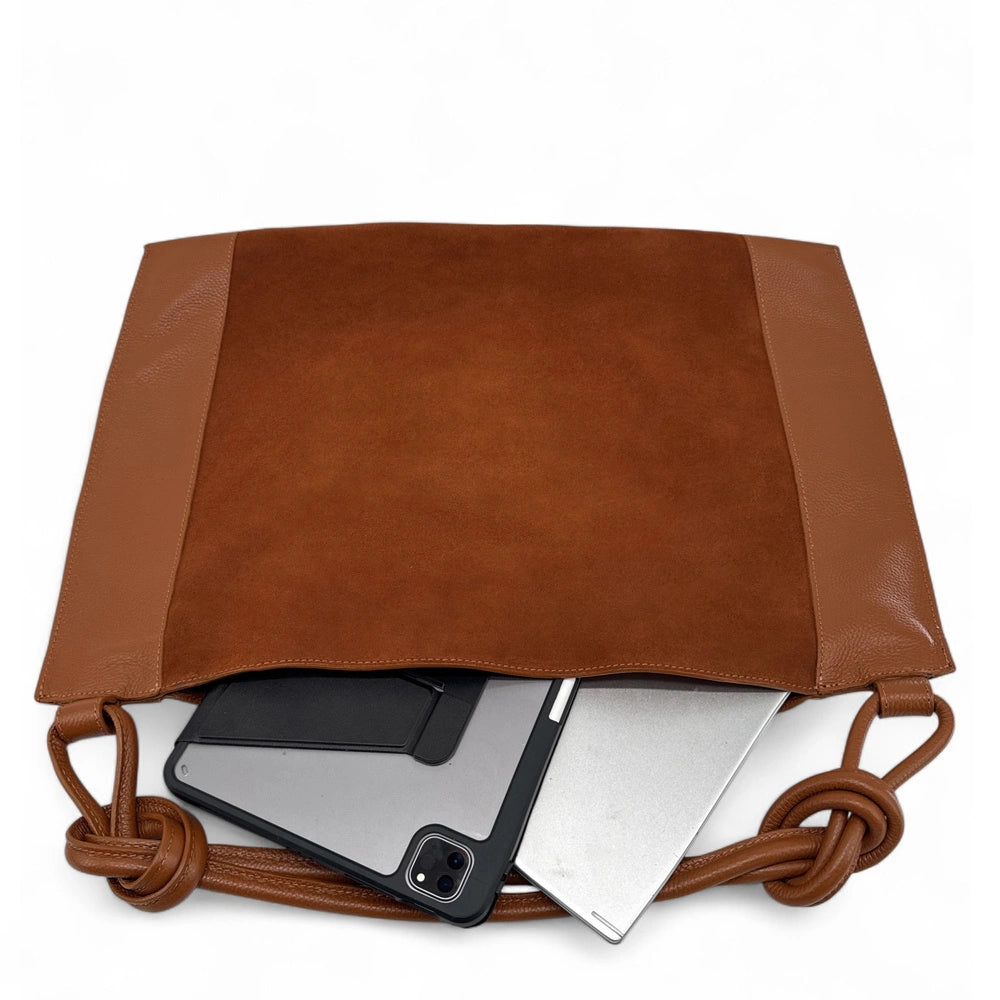 KNOT large shoulder bag in suede and grained leather Dark camel