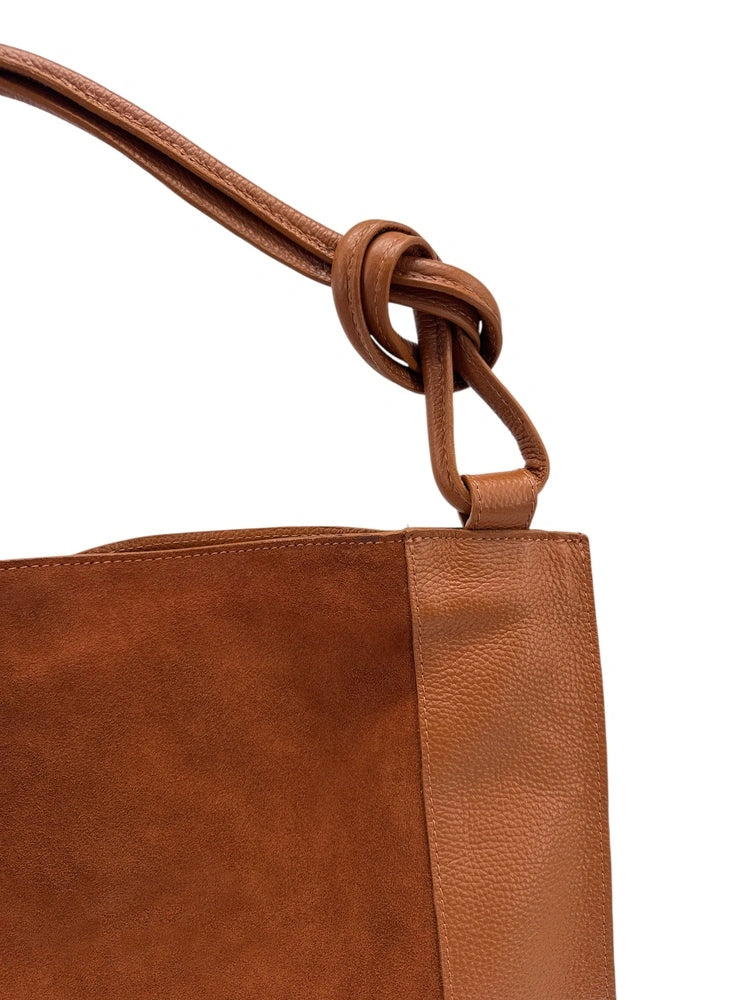 KNOT large shoulder bag in suede and grained leather Dark camel