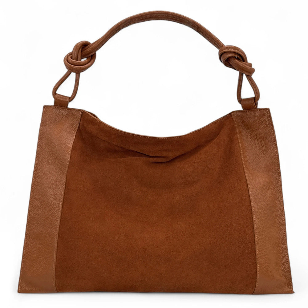 Grand sac porté épaule en croûte de cuir et cuir grainé KNOT Camel foncé