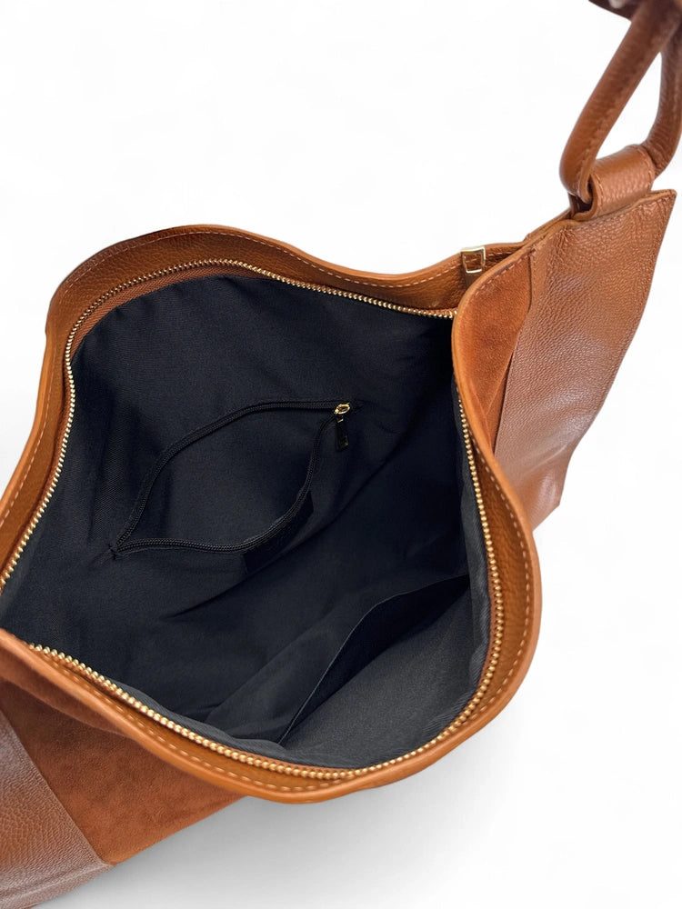 KNOT large shoulder bag in suede and grained leather Dark camel