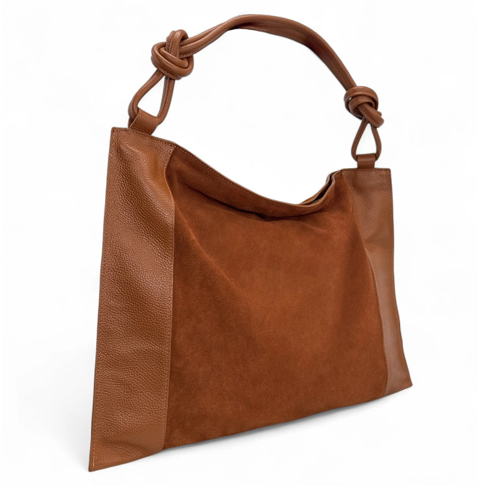 Grand sac porté épaule en croûte de cuir et cuir grainé KNOT Camel foncé