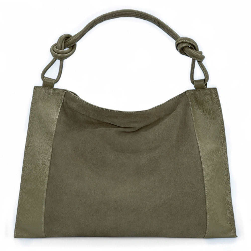 Grand sac porté épaule en croûte de cuir et cuir grainé KNOT Kaki