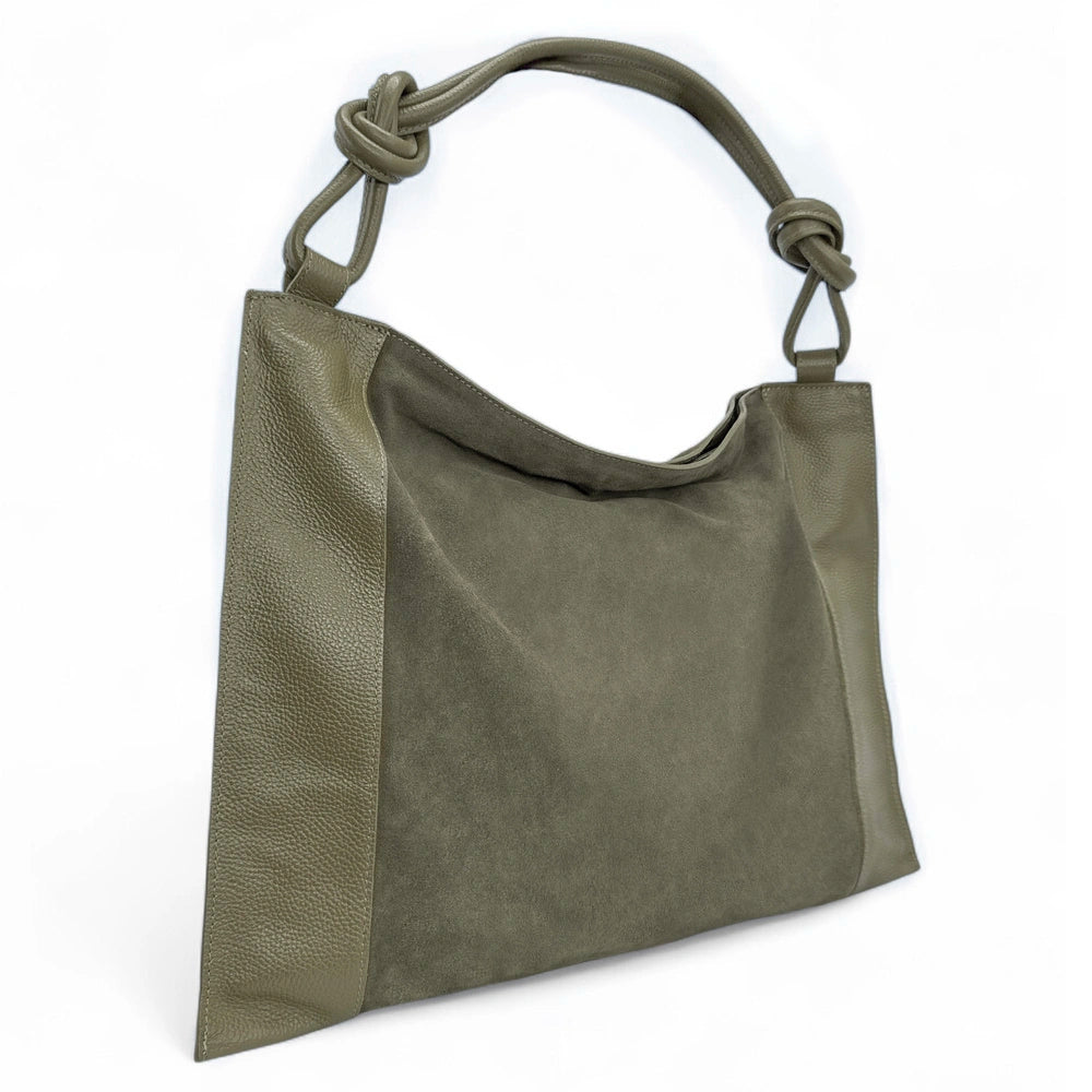 Grand sac porté épaule en croûte de cuir et cuir grainé KNOT Kaki