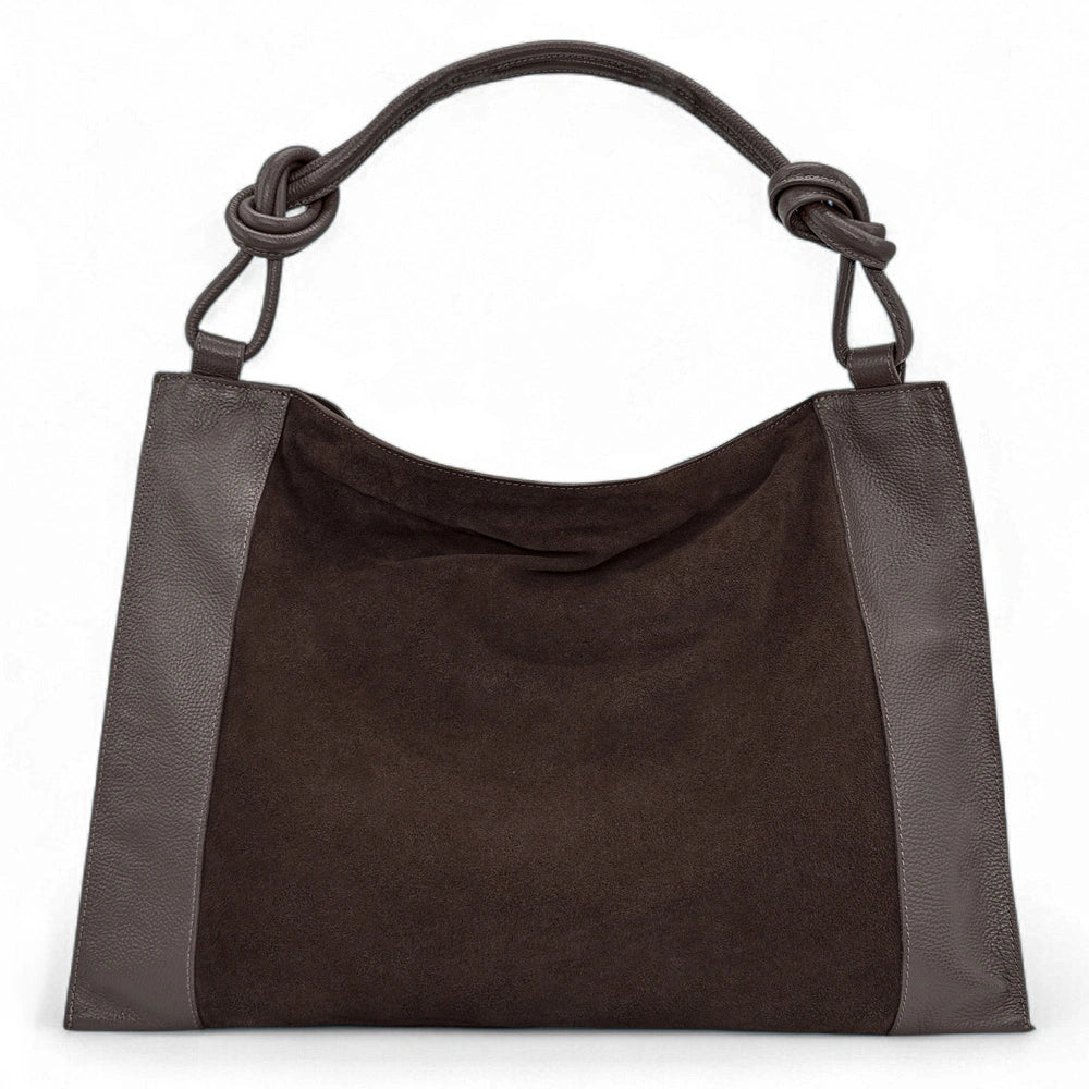 Grand sac porté épaule en croûte de cuir et cuir grainé KNOT Chocolat