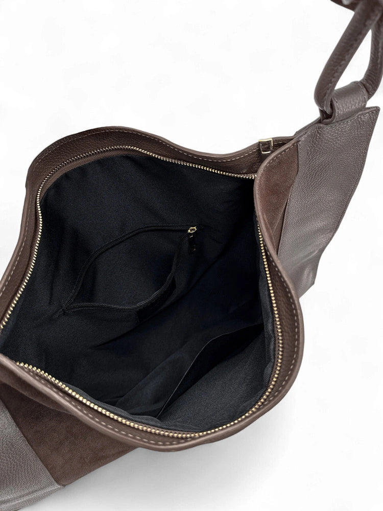 Große Schultertasche aus Wildleder und genarbtem Leder KNOT Schokolade