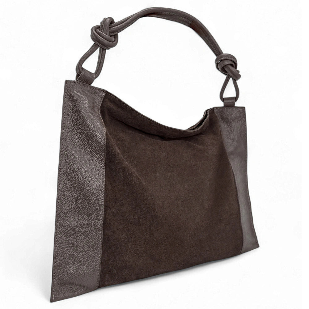 Grand sac porté épaule en croûte de cuir et cuir grainé KNOT Chocolat