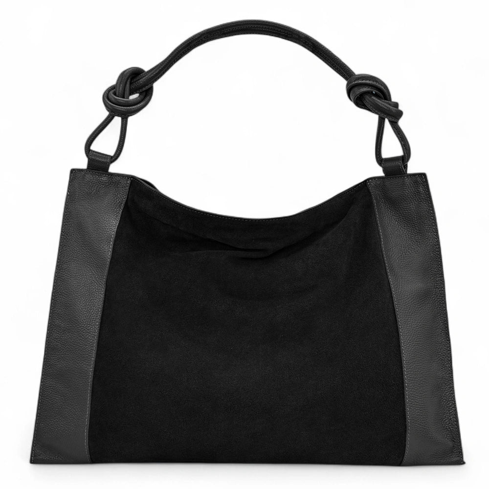 Grand sac porté épaule en croûte de cuir et cuir grainé KNOT Noir