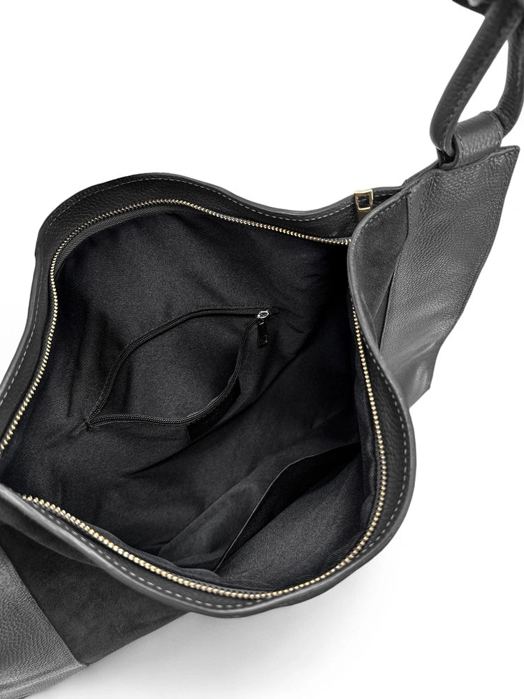 Borsa grande da portare a spalla in pelle scamosciata e pelle martellata KNOT Nero
