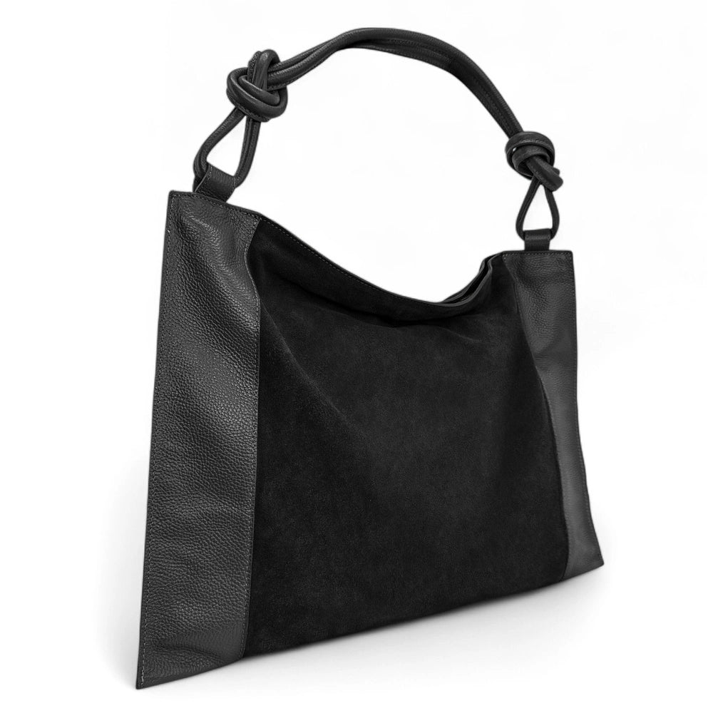Grand sac porté épaule en croûte de cuir et cuir grainé KNOT Noir