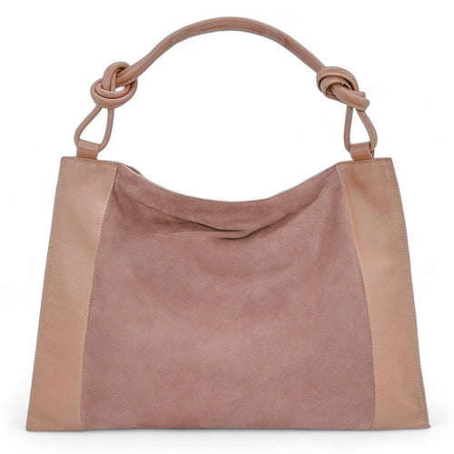 Grand sac porté épaule en croûte de cuir et cuir grainé KNOT Rose nude