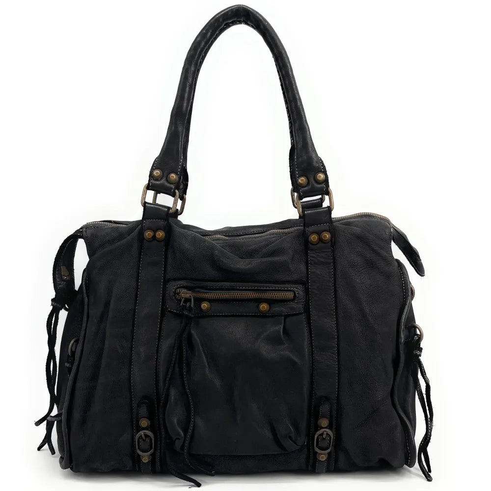 Grand sac porté épaule en cuir vintage STORM XL HURRICAN Noir Noir