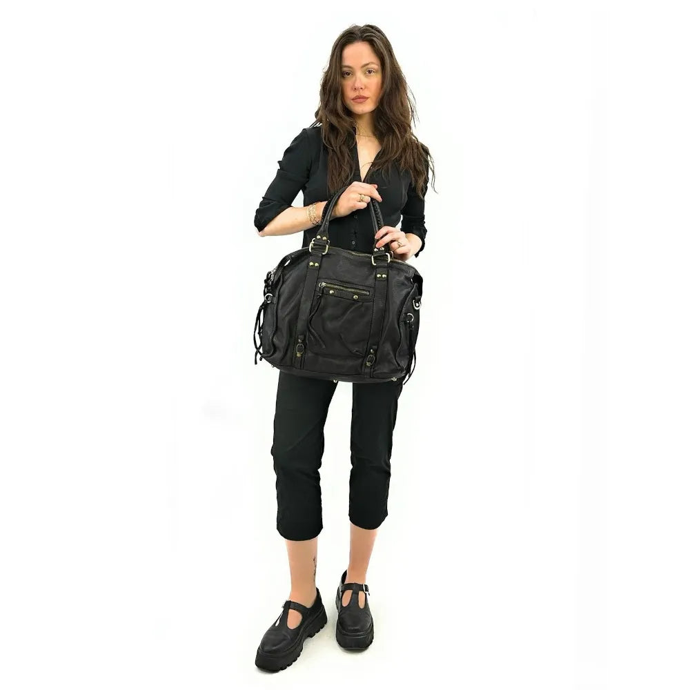 Grand sac porté épaule en cuir vintage STORM XL HURRICAN Noir Noir