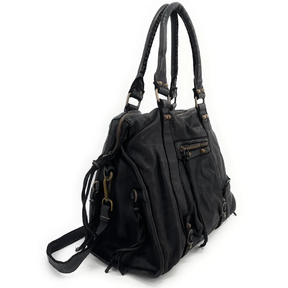 Grand sac porté épaule en cuir vintage STORM XL HURRICAN Noir Noir