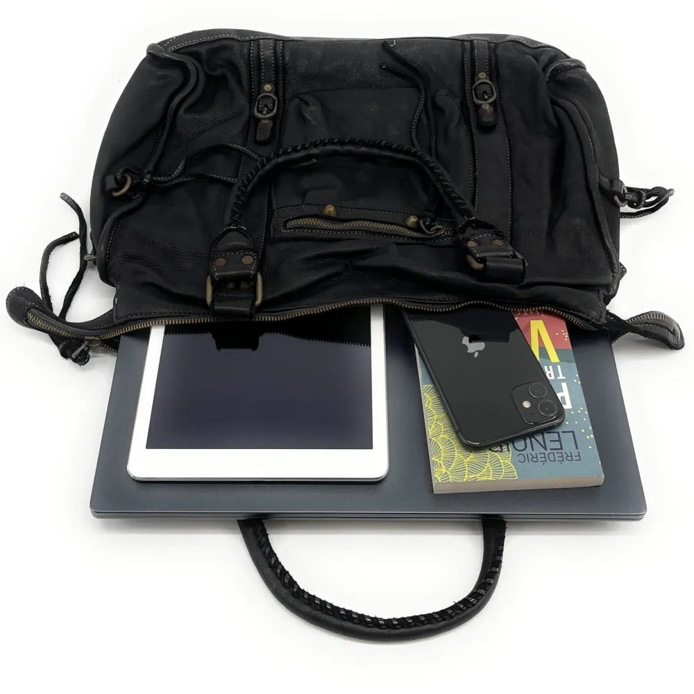 Grand sac porté épaule en cuir vintage STORM XL HURRICAN Noir Noir