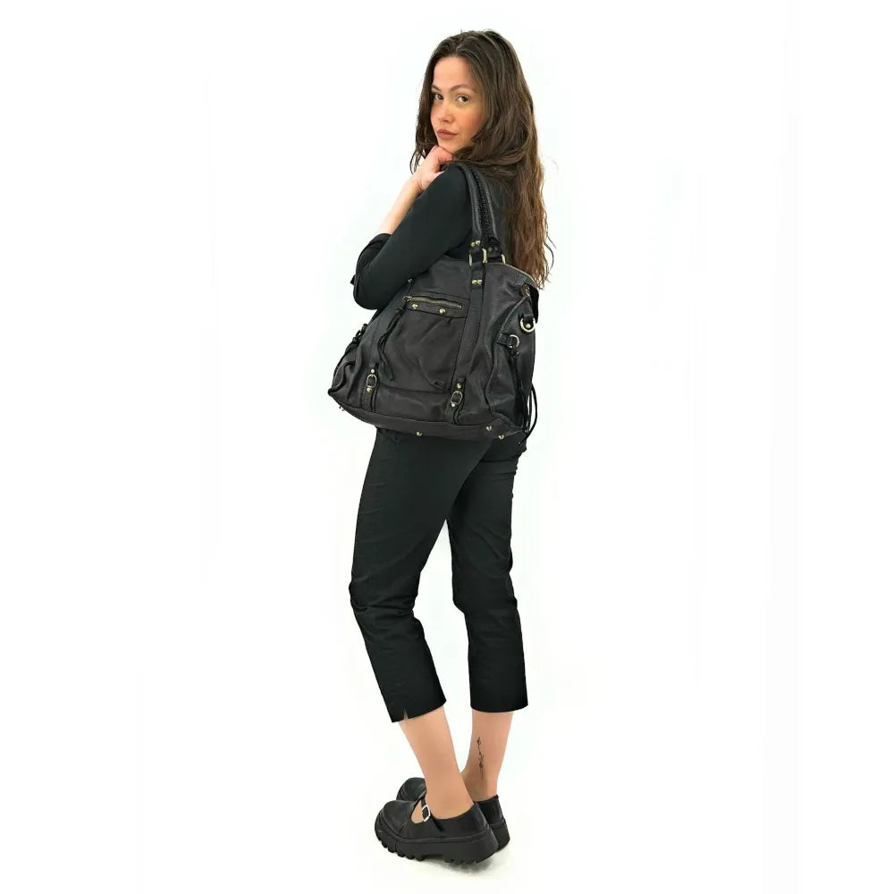 Grand sac porté épaule en cuir vintage STORM XL HURRICAN Noir Noir