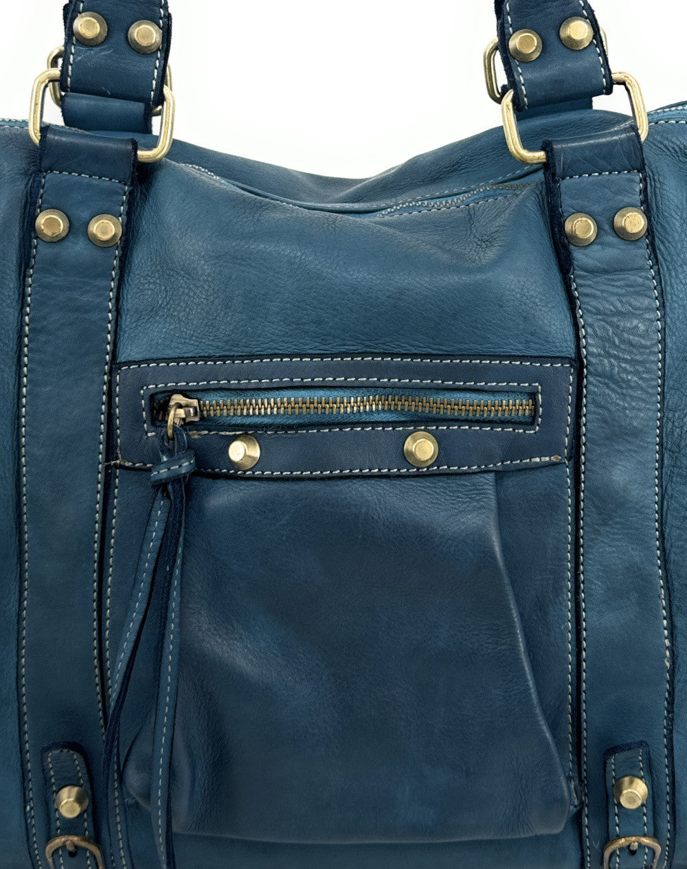 Grand sac porté épaule en cuir souple tannage végétal STORM XL HURRICAN Bleu vert canard