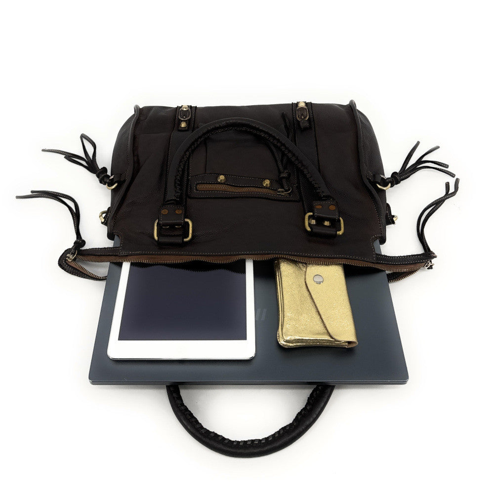 Grand sac porté épaule en cuir souple tannage végétal STORM XL HURRICAN Chocolat