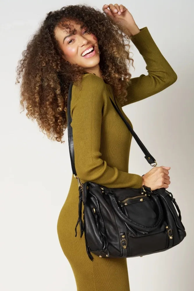 Grand sac porté épaule en cuir souple tannage végétal STORM XL HURRICAN Noir