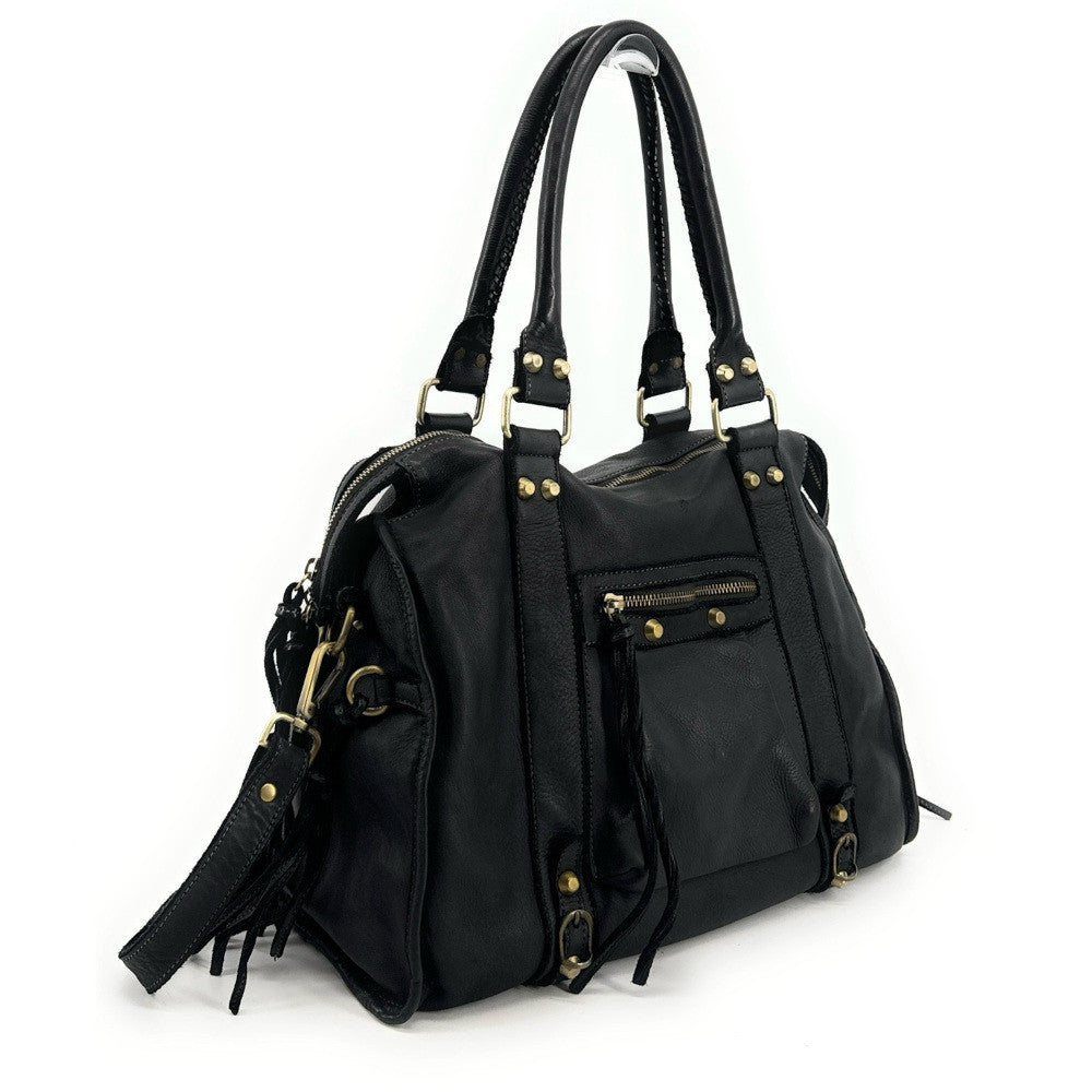 Grand sac porté épaule en cuir souple tannage végétal STORM XL HURRICAN Noir